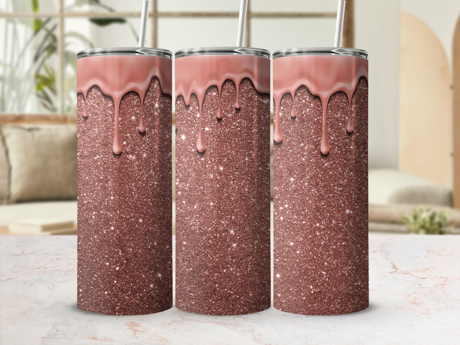 Sparkling Rose Gold Glitter Tumbler with Melting Drips