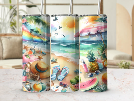 Three tumblers with beach and fruit designs, including umbrellas, flip-flops, and watermelon.
