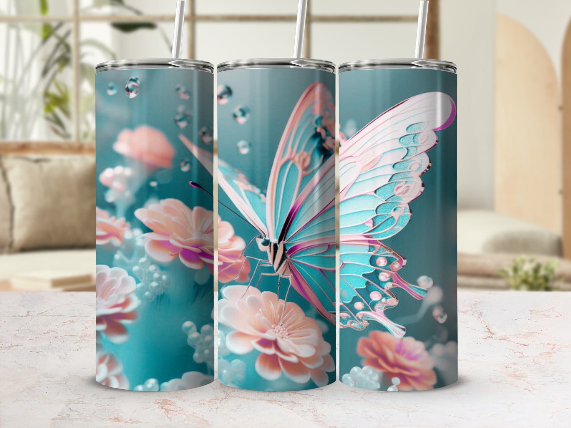 Teal and pink butterfly with flowers on a tumbler mockup.