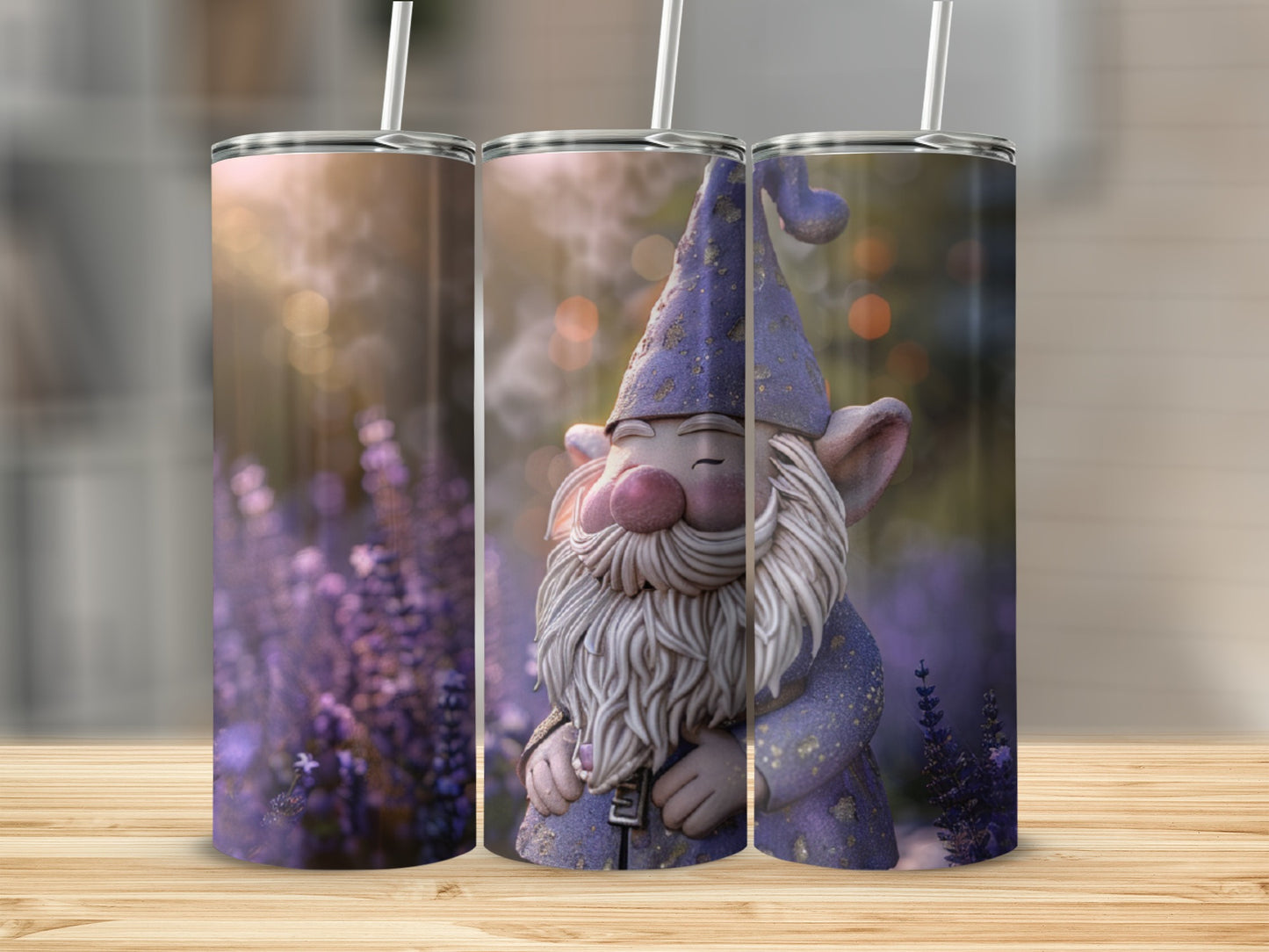 Tumbling gnome in lavender field, smiling.