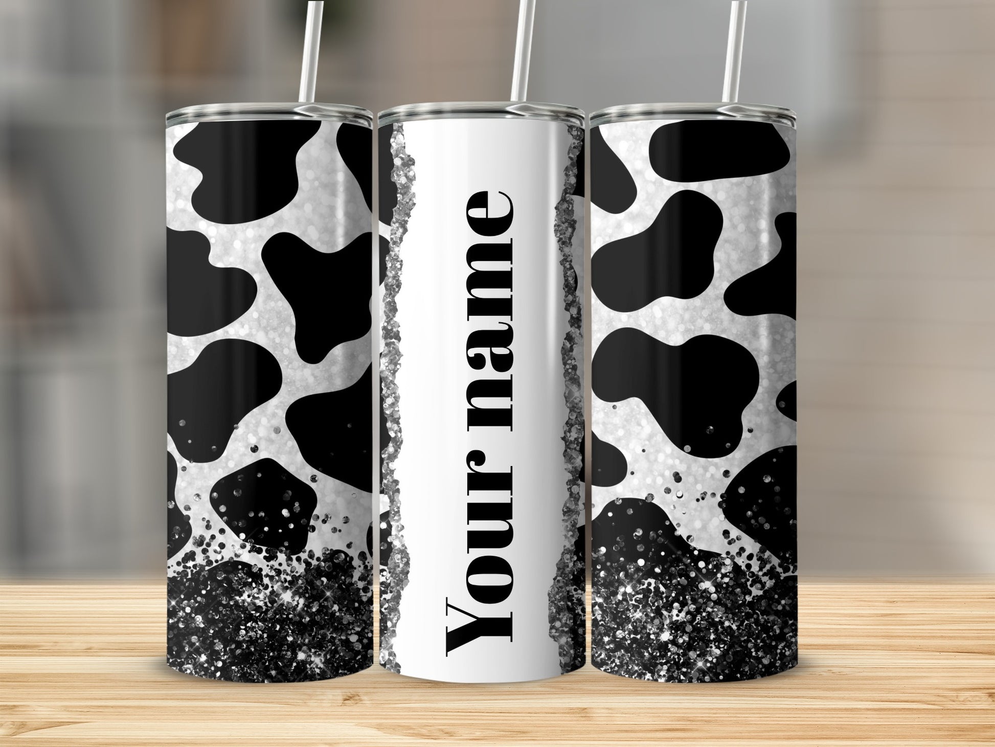 Black and White Cow Print Glitter Custom Tumbler