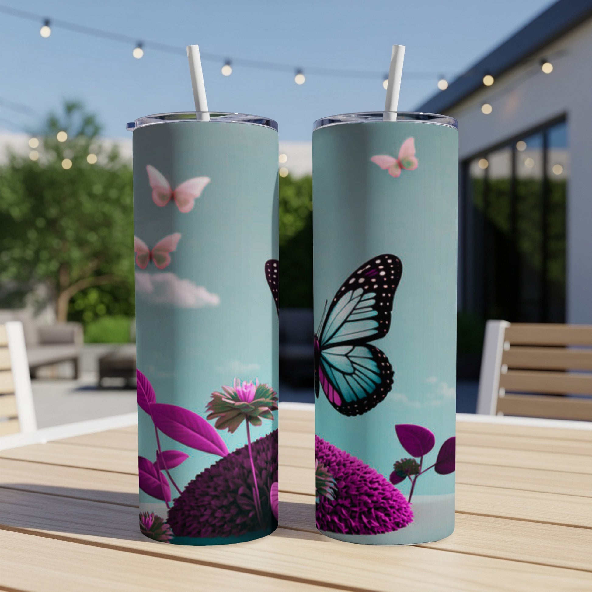 Two tumblers with teal background, butterflies, and purple flora.