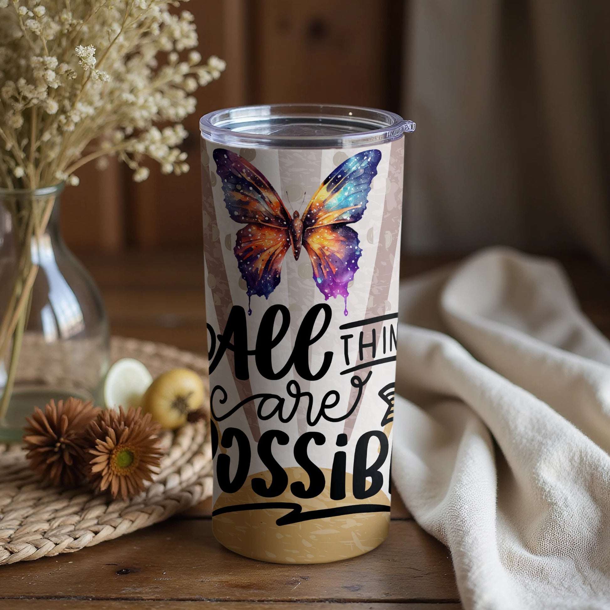 All Things are Possible Colorful Butterfly Tumbler