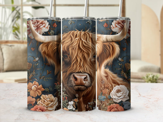 Highland cow with floral design on a tumbler.