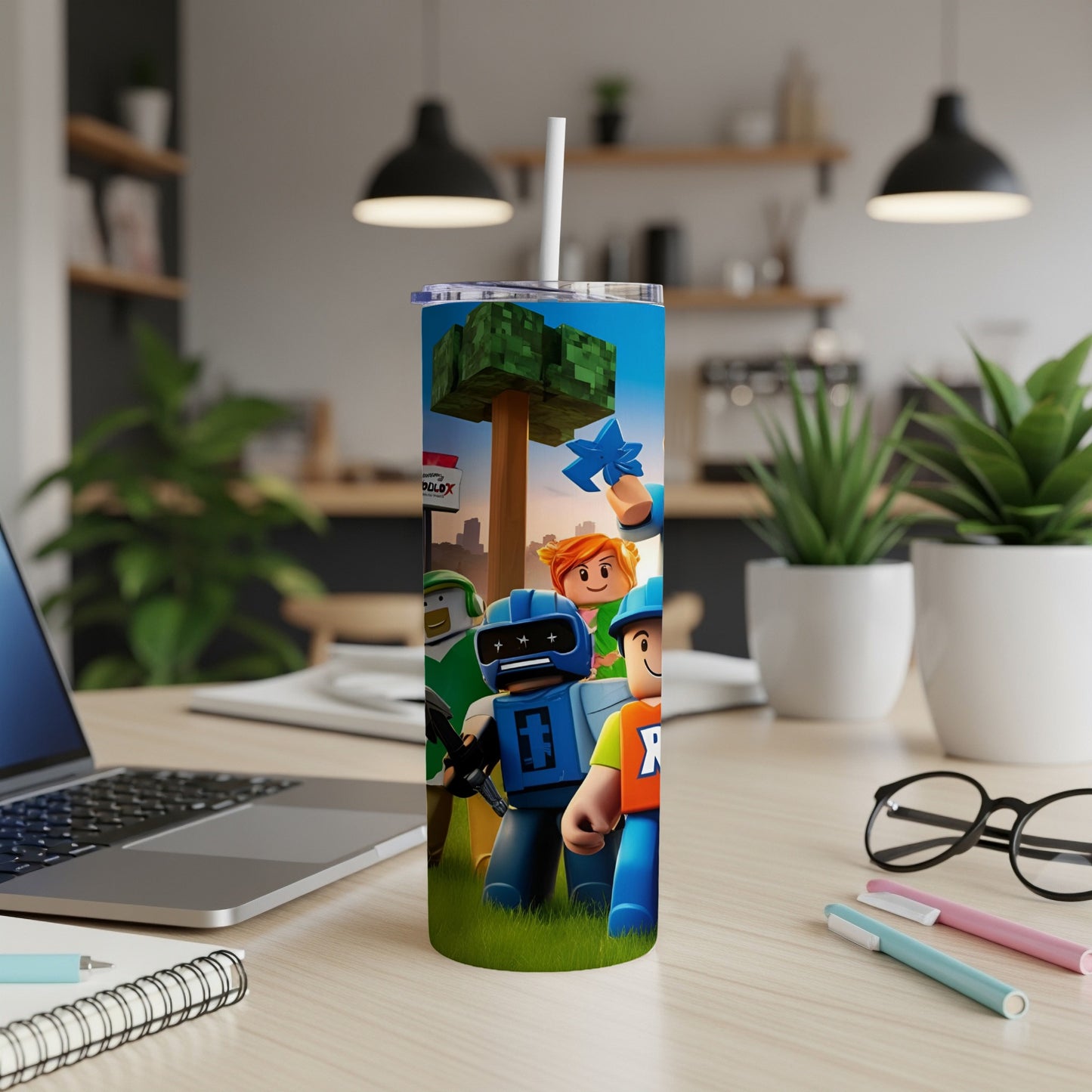 Roblox characters on a tall, cylindrical tumbler with a straw.