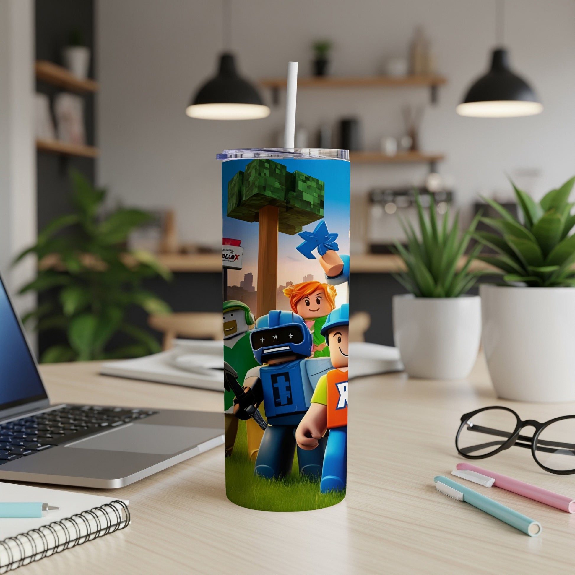 Roblox characters on a tall, cylindrical tumbler with a straw.