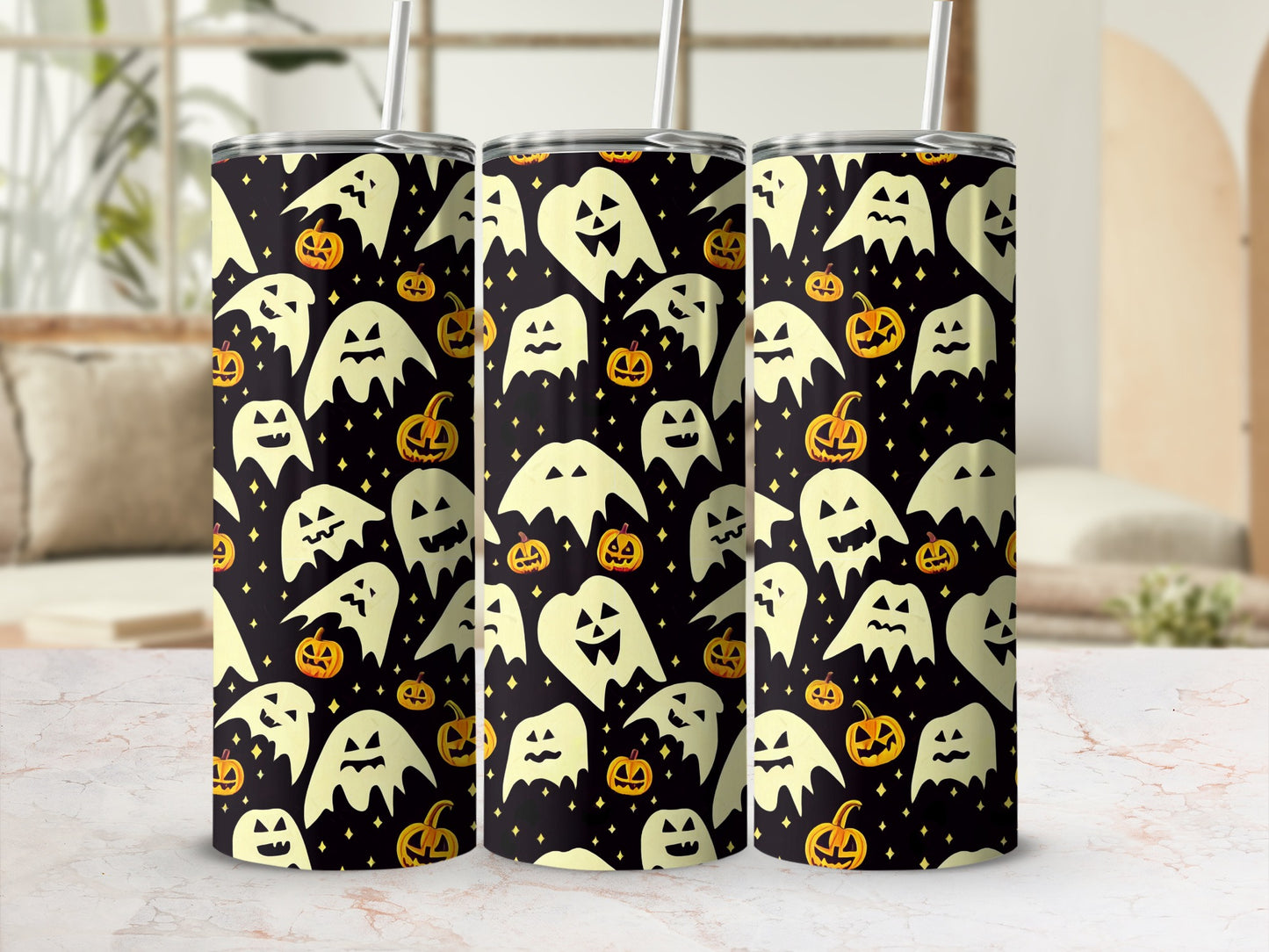 Halloween Themed Ghosts and Pumpkins Design Tumbler