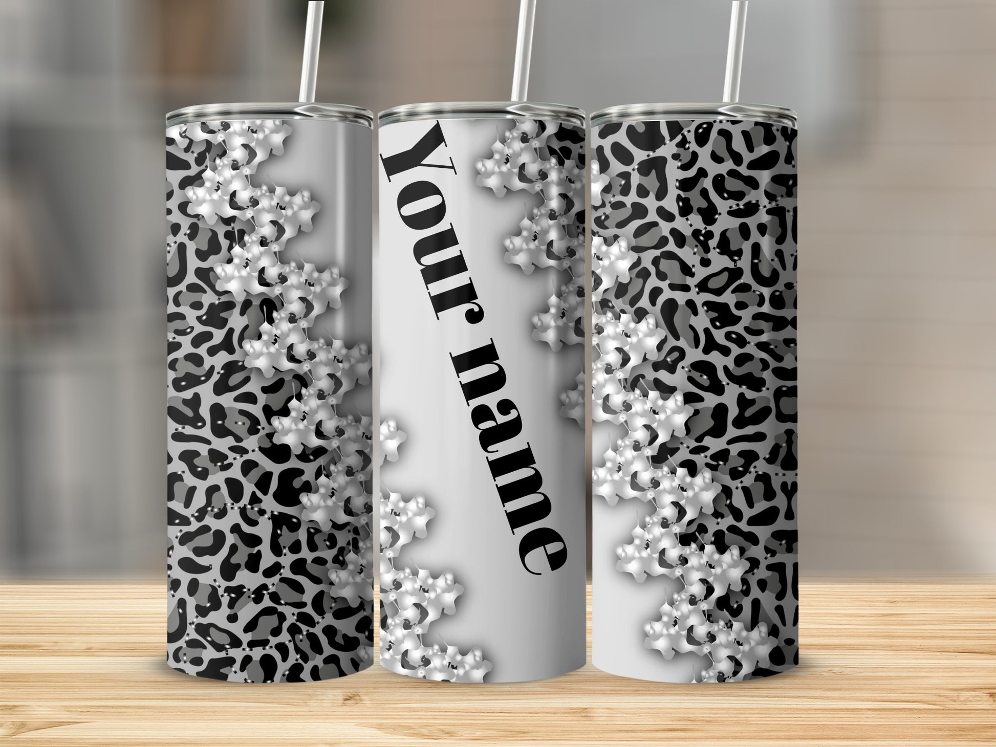 Personalized Black and White Leopard Print Tumbler