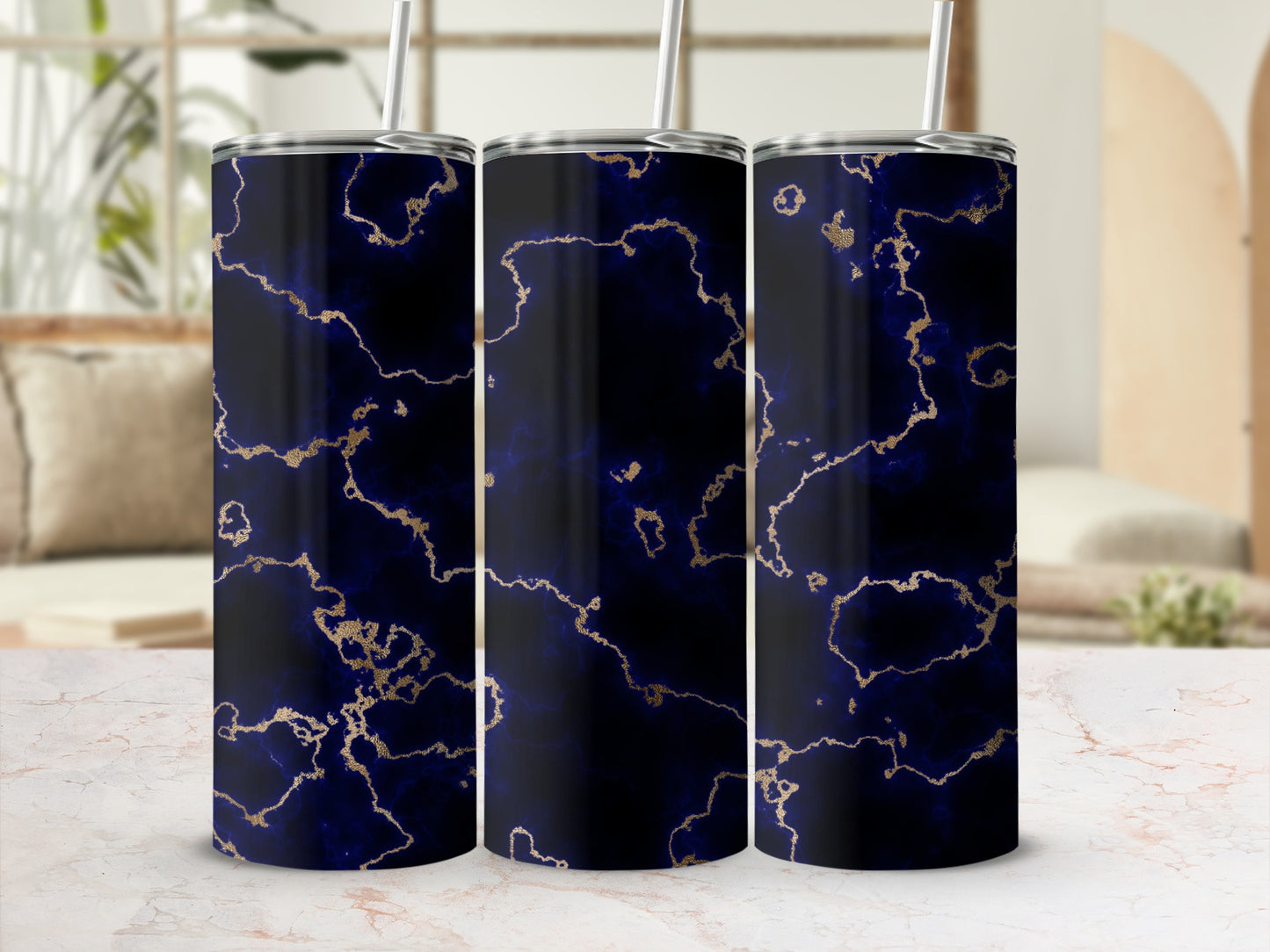 Deep Navy Blue Gold Marble Veins Tumbler product type