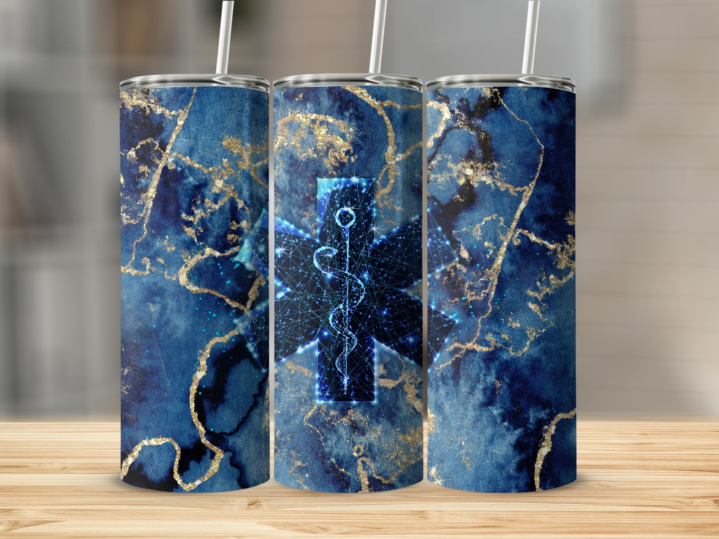 Blue marble tumbler with gold accents and glowing medical symbol.