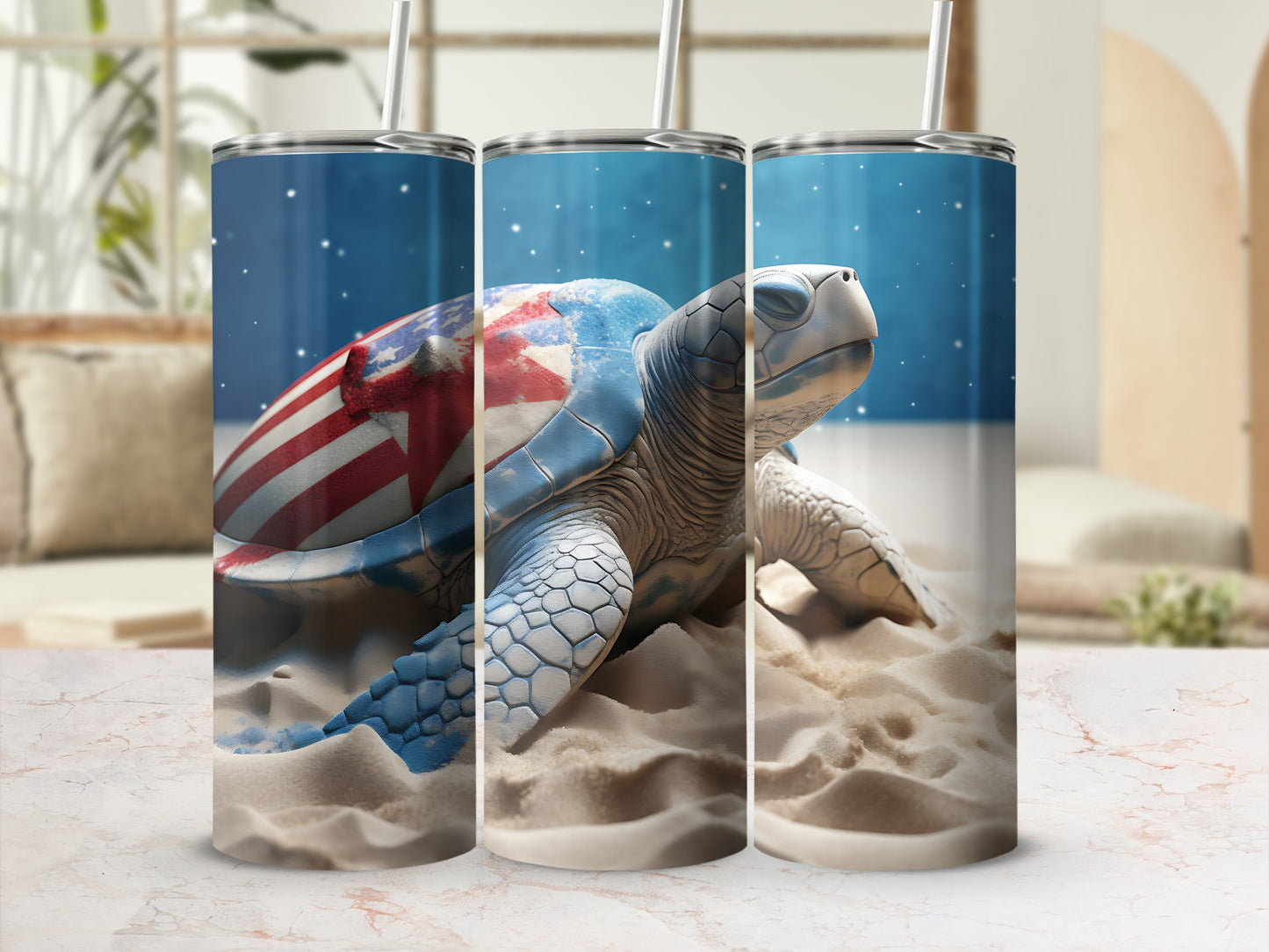 Turtle with US flag pattern on shell on sandy beach, three tumblers displayed.