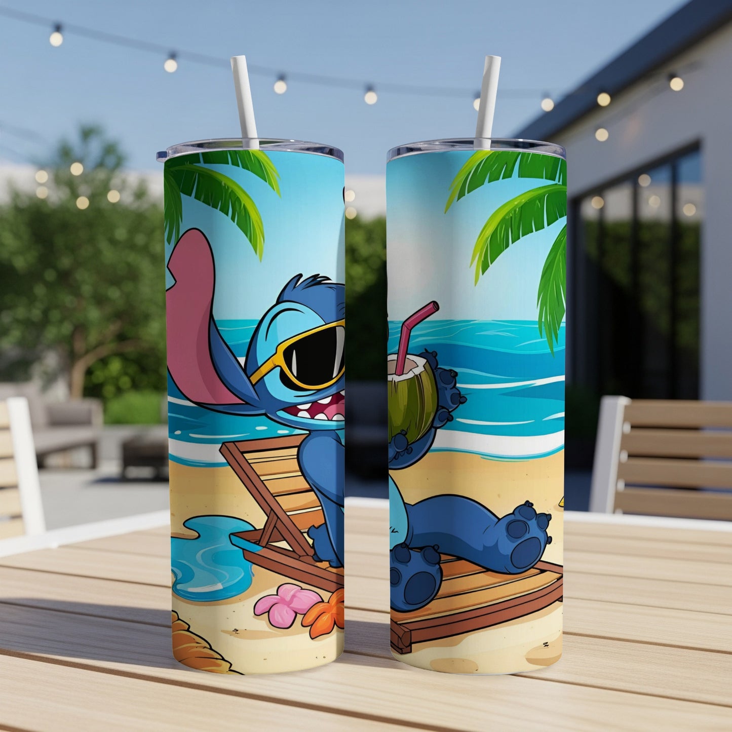 Stitch wearing sunglasses on a beach chair, holding a coconut drink.