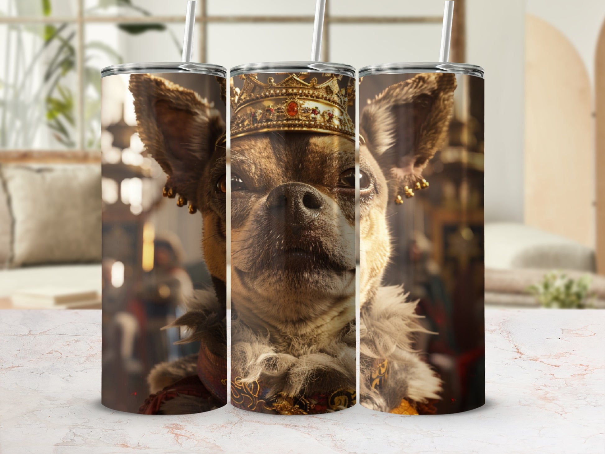 Dog wearing a crown and royal attire.