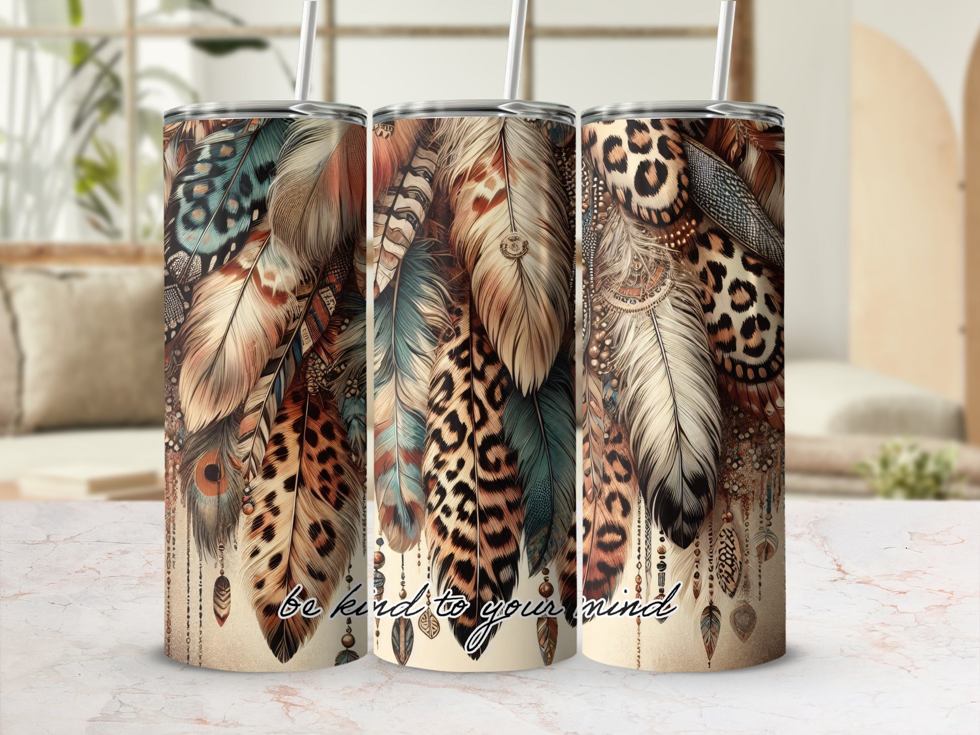 Tumblers with feather and leopard print designs, "Be kind to your mind" text.