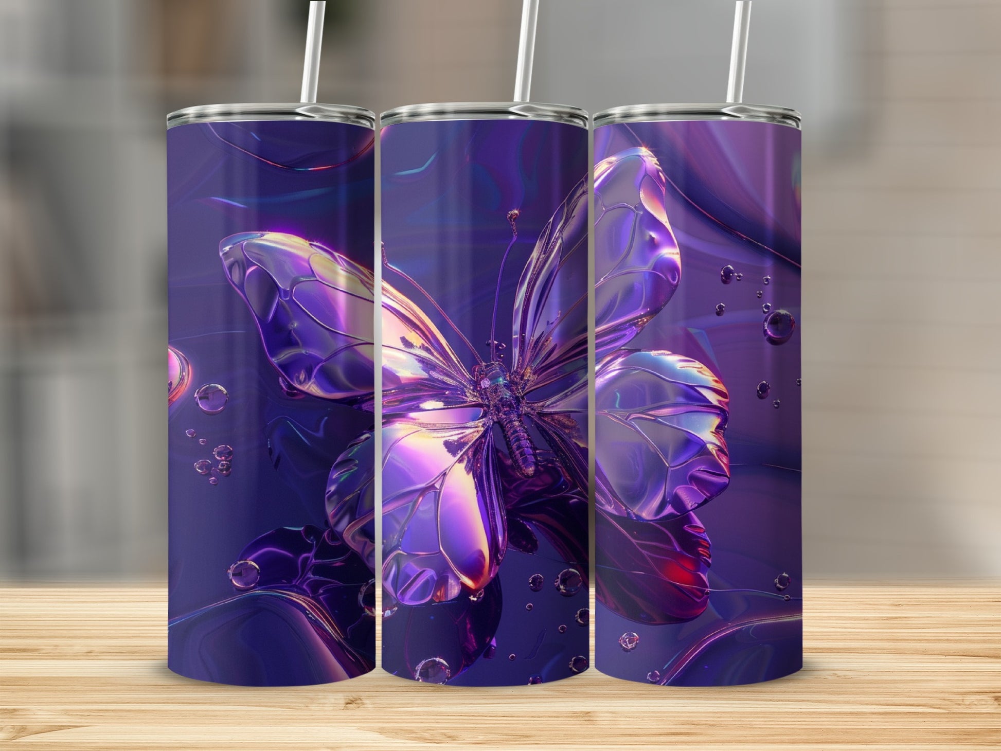 Iridescent butterfly on a purple background with bubbles, shown on three tumblers.