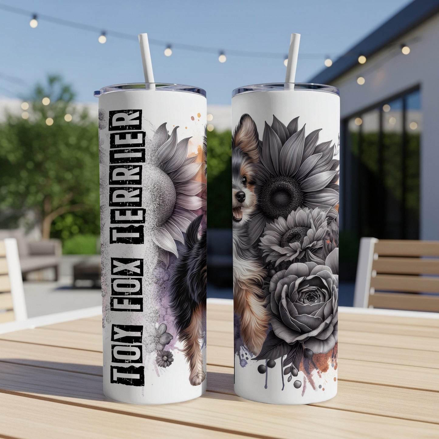 Two tumblers with a Toy Fox Terrier and floral design.