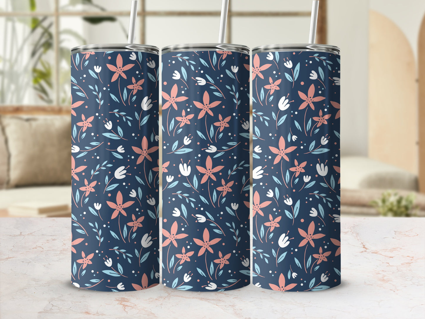 Floral Dark Blue and Pink Design Insulated Tumbler