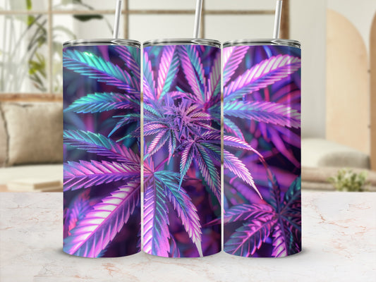 Three tumblers with a purple and green cannabis leaf pattern.