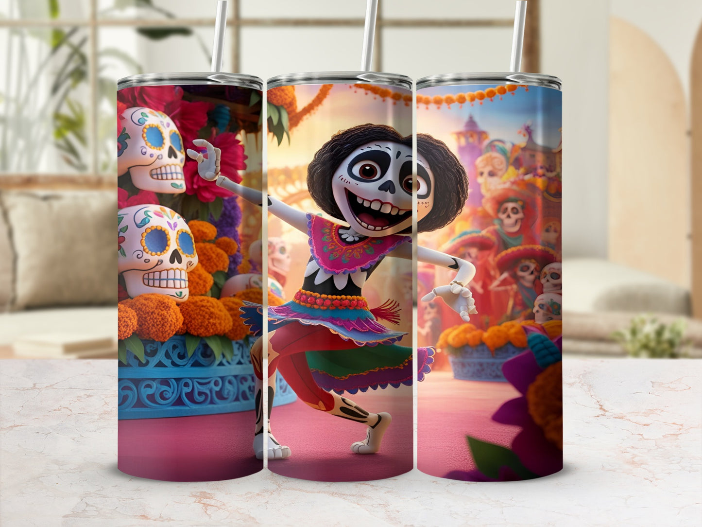 Three tumblers featuring La Catrina from Coco dancing, decorated with skulls and flowers.