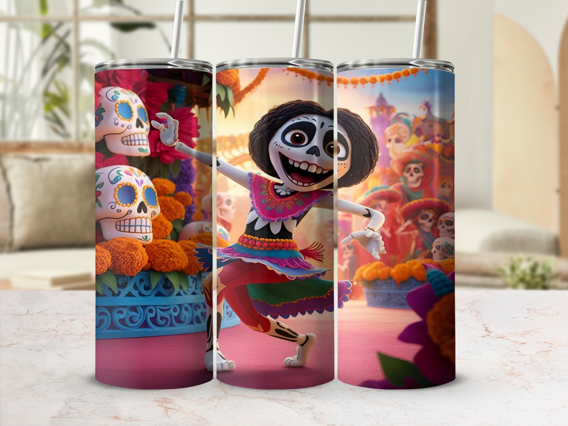 Three tumblers featuring La Catrina from Coco dancing, decorated with skulls and flowers.