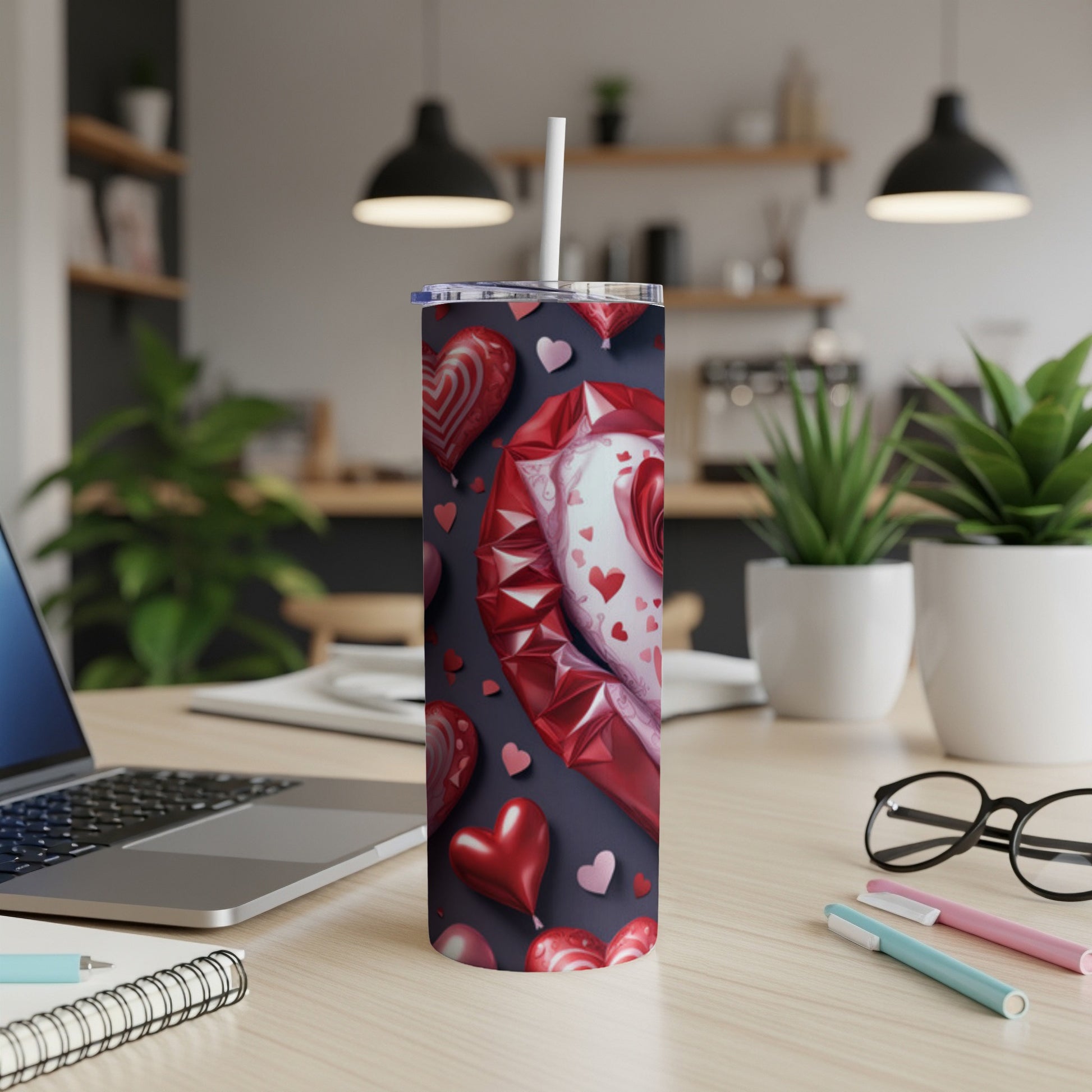 Red Valentine's Day themed tumbler with lips and hearts, straw visible.