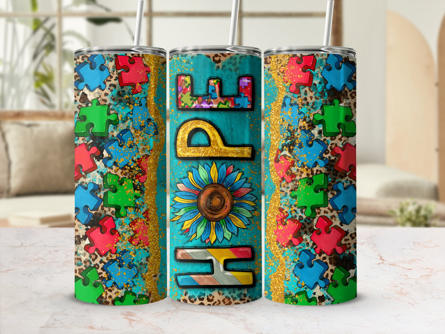 Turquoise tumbler with "Hope" text, sunflower, puzzle pieces, and leopard print.