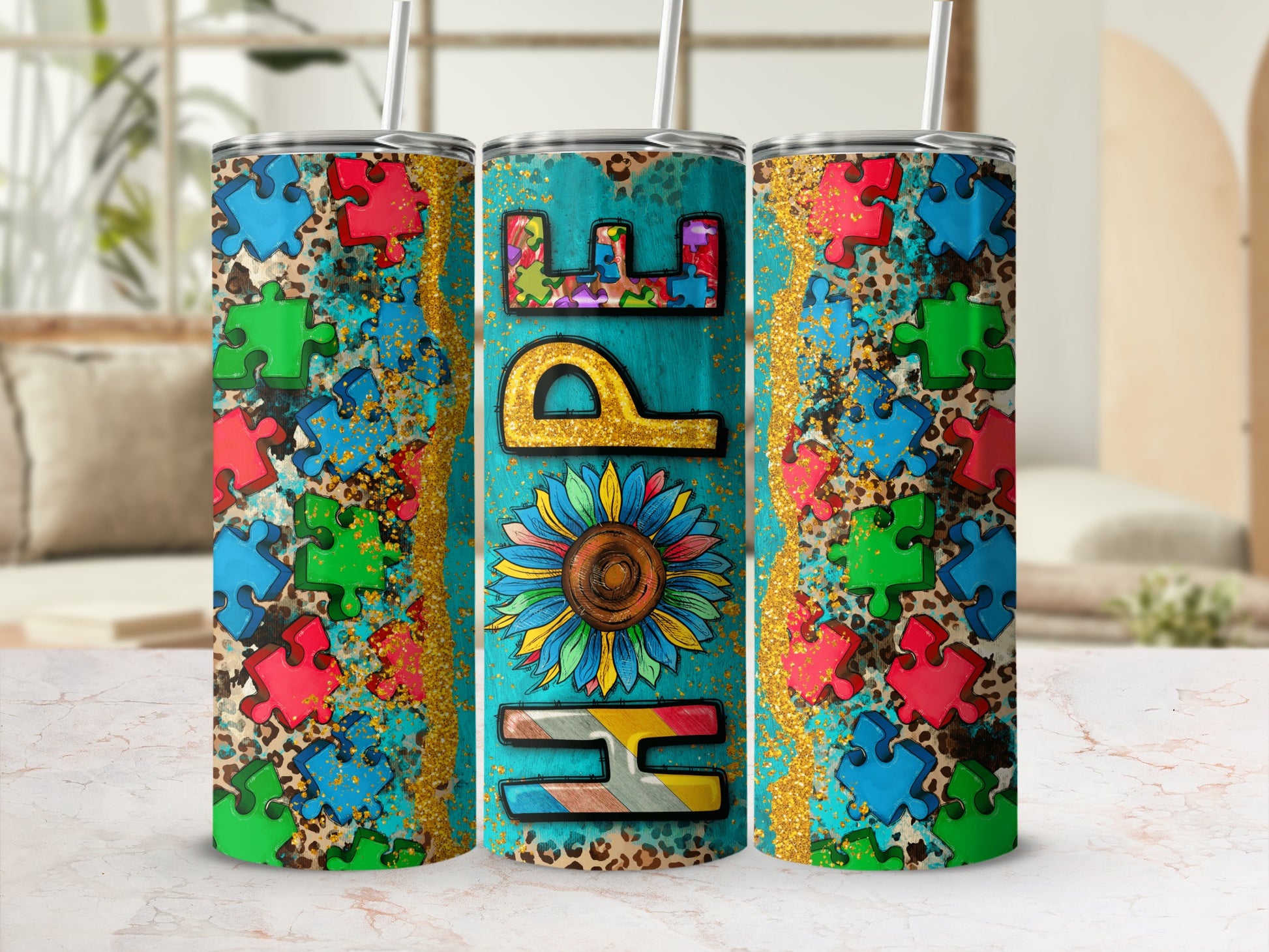 Turquoise tumbler with "Hope" text, sunflower, puzzle pieces, and leopard print.