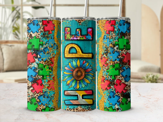 Turquoise tumbler with "Hope" text, sunflower, puzzle pieces, and leopard print.