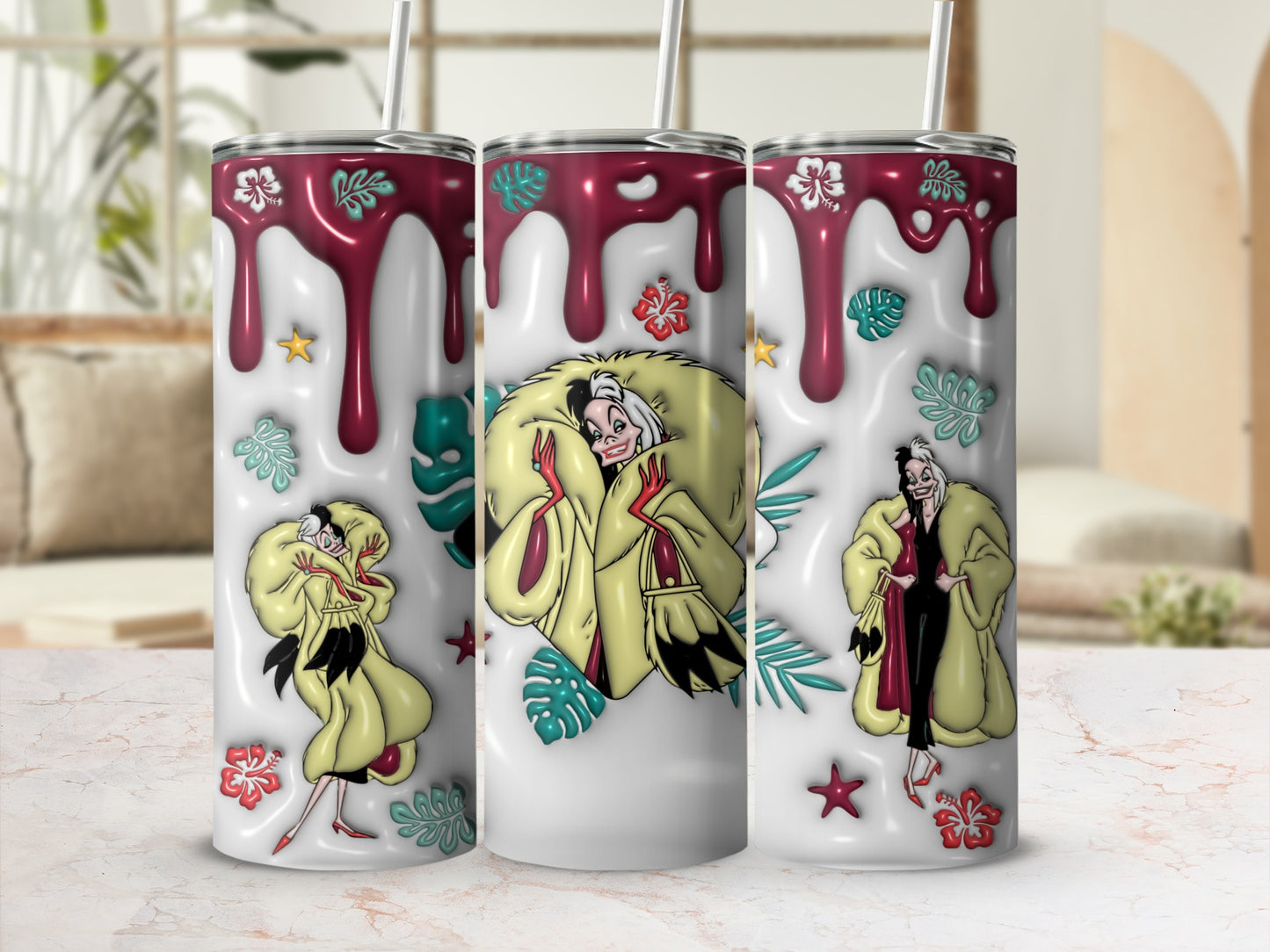 Three tumblers featuring Cruella de Vil with floral accents and dripping red accents.
