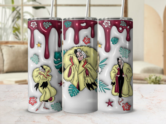 Three tumblers featuring Cruella de Vil with floral accents and dripping red accents.