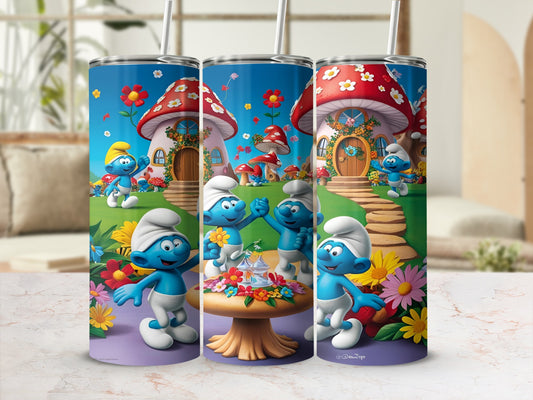Three Smurfs standing around a table with flowers, in front of mushroom houses.