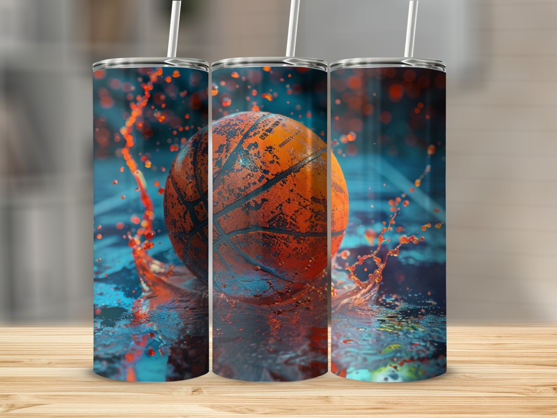 Basketball splash on wet court, three vertical cups with basketball graphic.