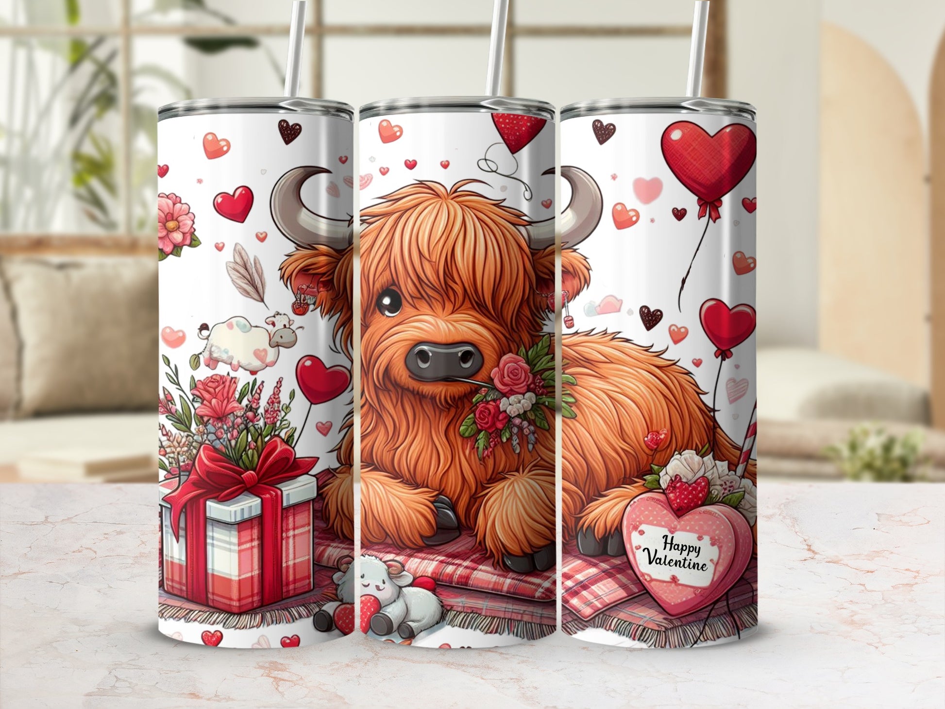 Valentine's themed tumbler with a Highland cow, hearts, flowers, and a gift box.