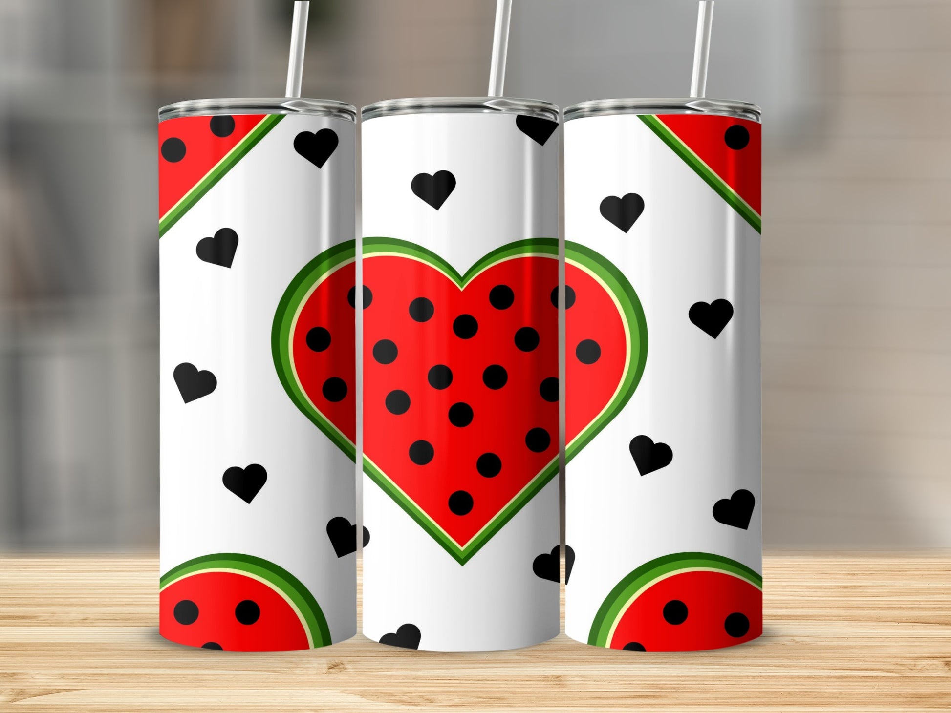 Three tumblers with a white background featuring watermelon heart and black heart patterns.
