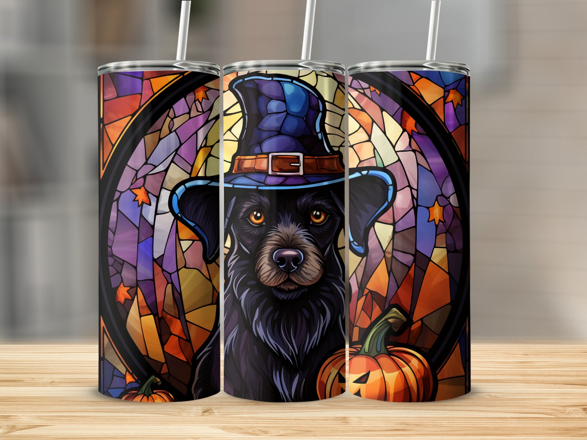 Black dog in a witch's hat with pumpkins and stained glass.