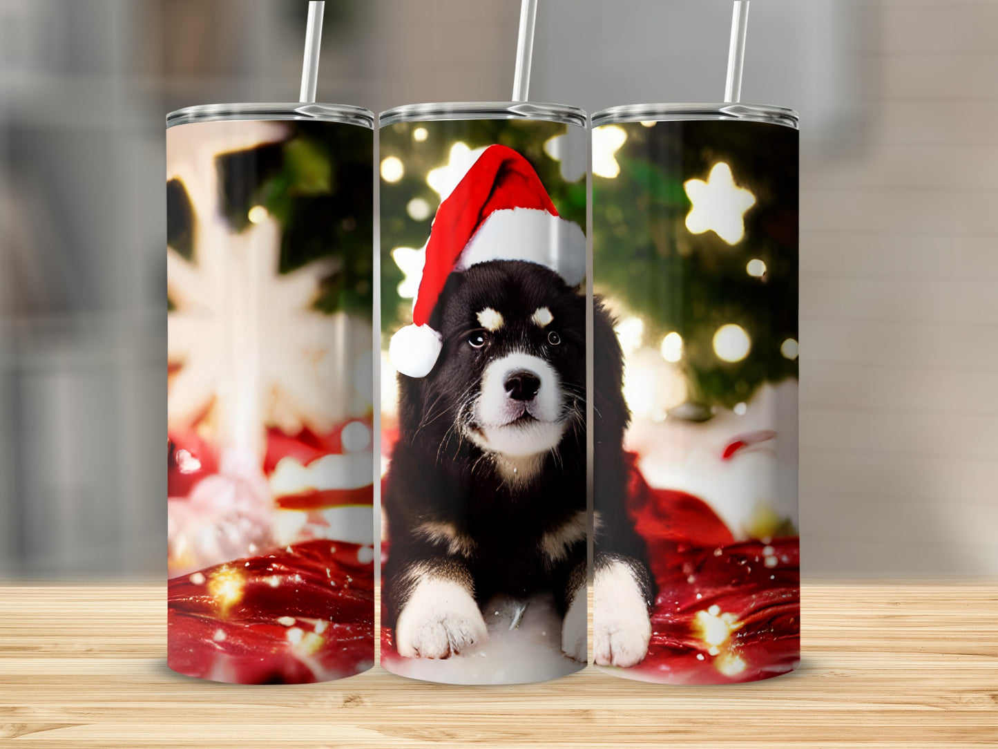 Christmas puppy wearing Santa hat on insulated tumbler.