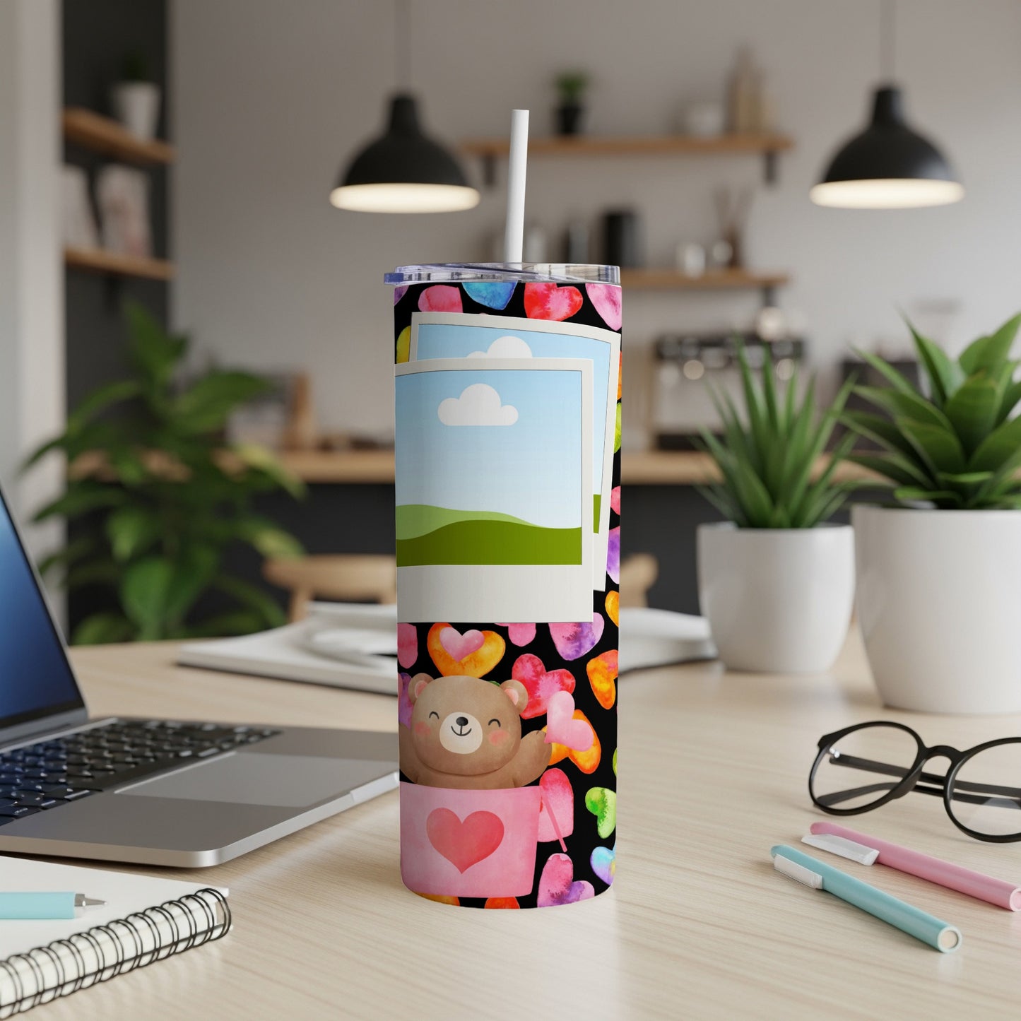 Tumbler with watercolor hearts and cute teddy bear illustration.