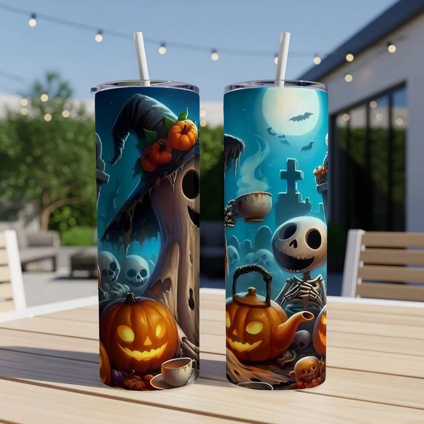 Halloween tumblers feature a spooky graveyard scene with pumpkins, ghosts, skeletons, and a witch's hat.