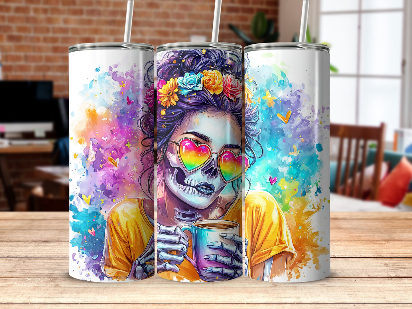 Colorful Skull Art Tumbler with Rainbow Hearts