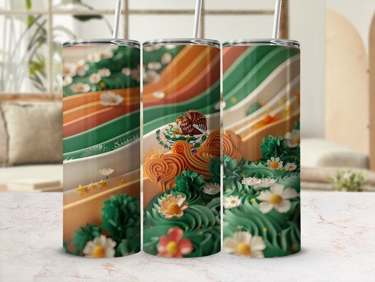 Three tumblers decorated with Mexican flag colors, eagle emblem, and floral patterns.