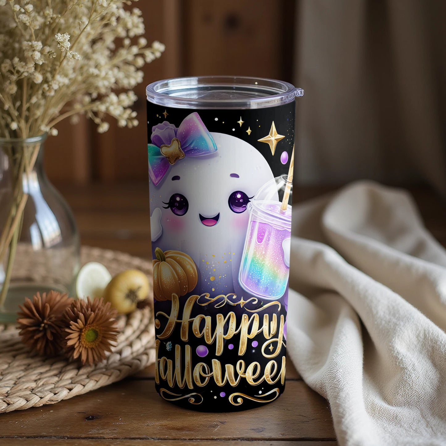 Cute Halloween Ghost with Pumpkin Tumbler