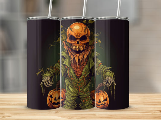 Three tumblers with a spooky pumpkin-headed scarecrow design.