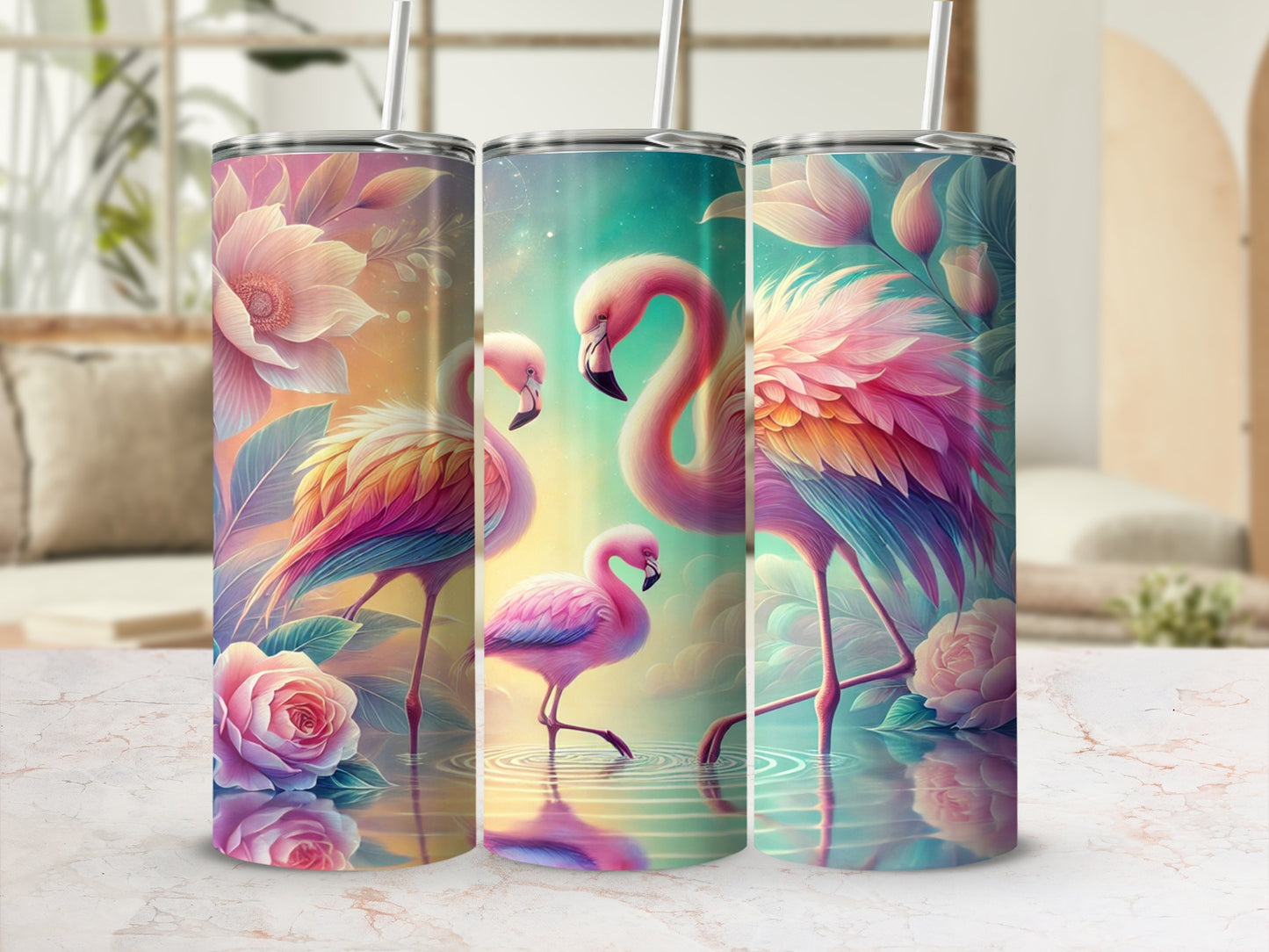 Vibrant Floral and Flamingo Art Tumbler Set