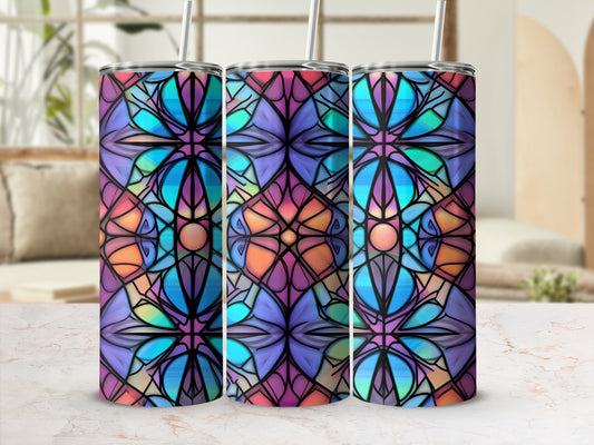 Three tumblers with a stained-glass floral design.