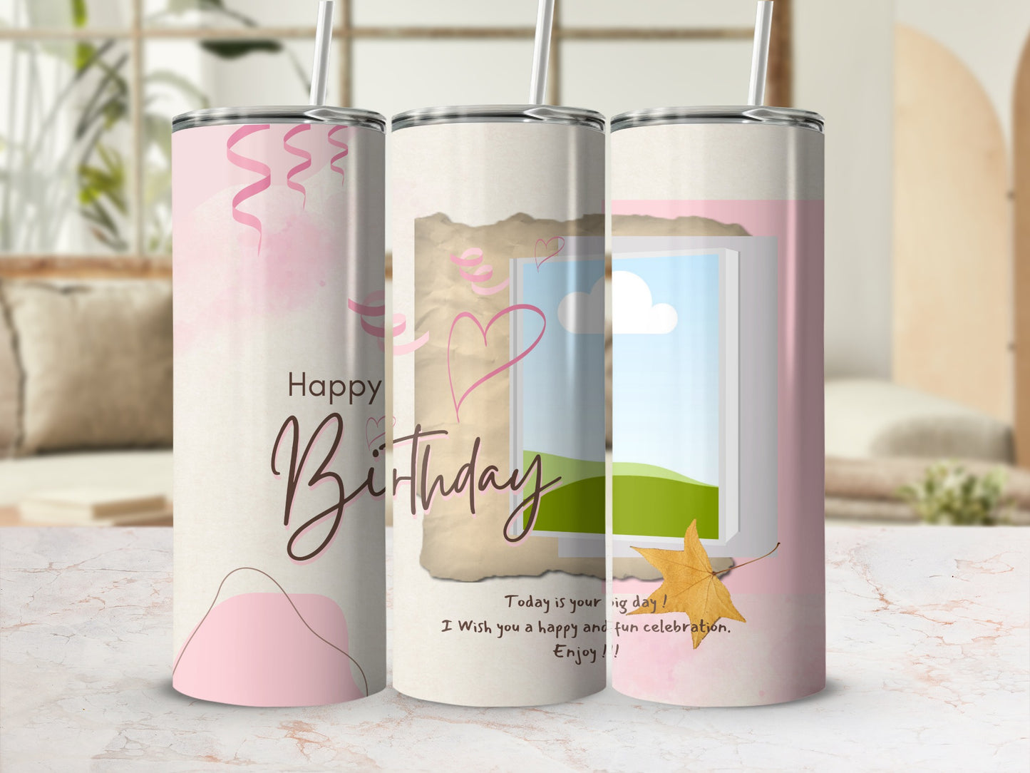 Three tumblers with "Happy Birthday" text and festive designs.
