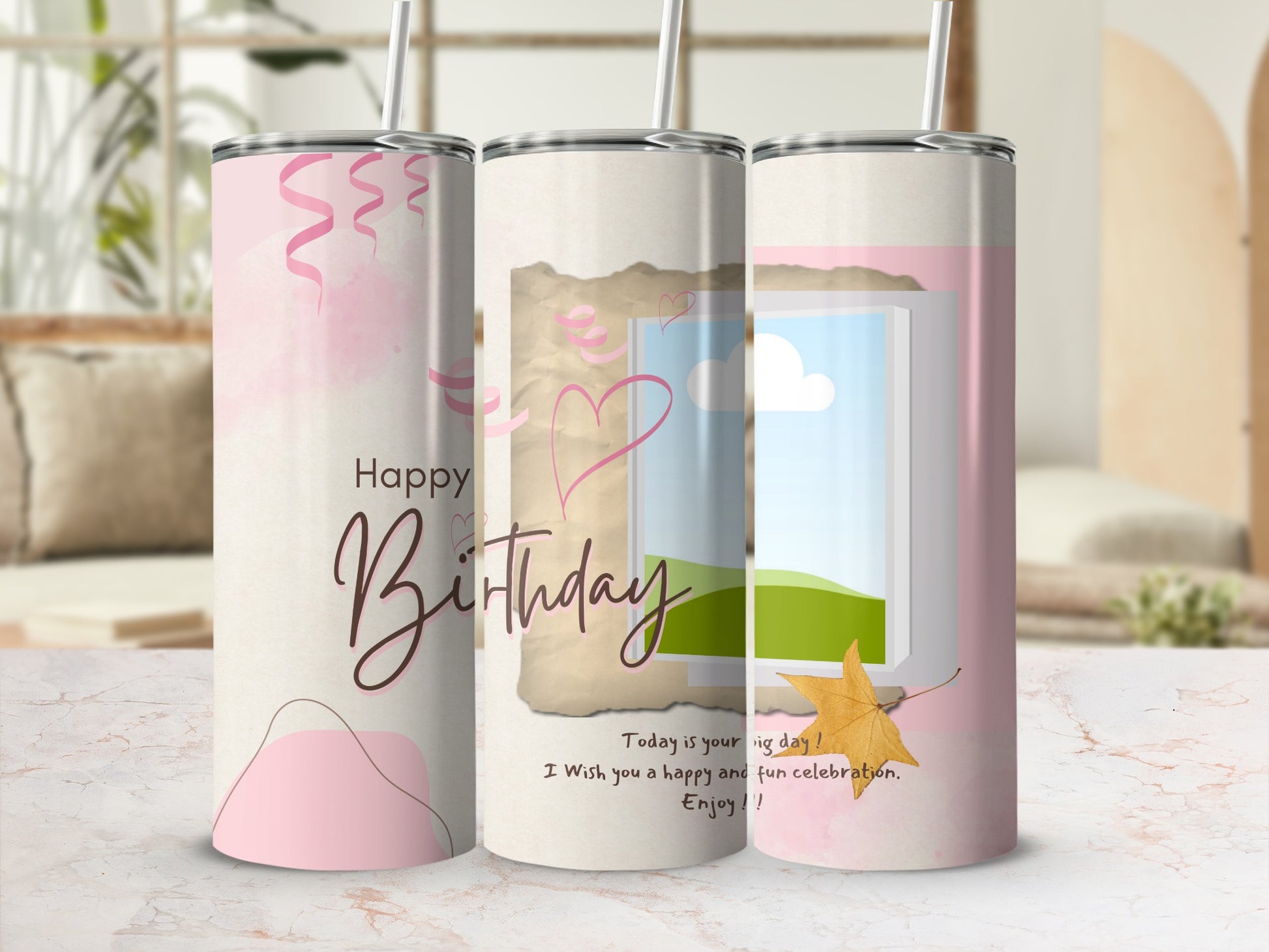 Three tumblers with "Happy Birthday" text and festive designs.