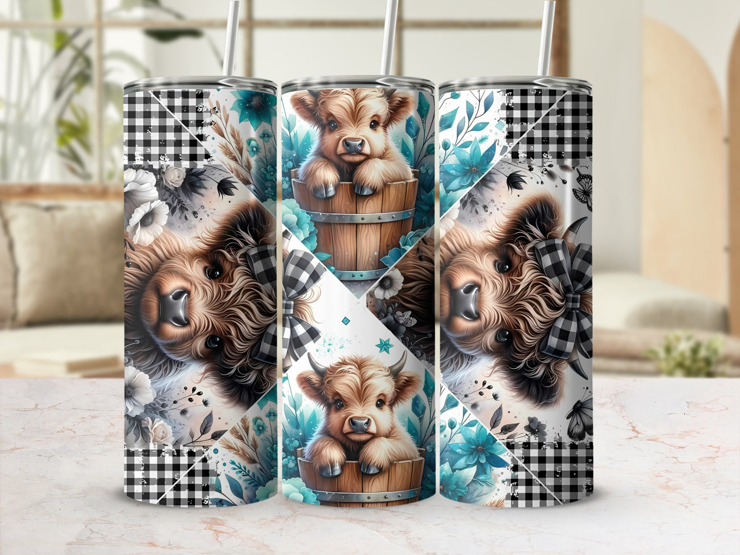 Adorable Highland Cow Design Tumbler Cup with Straw