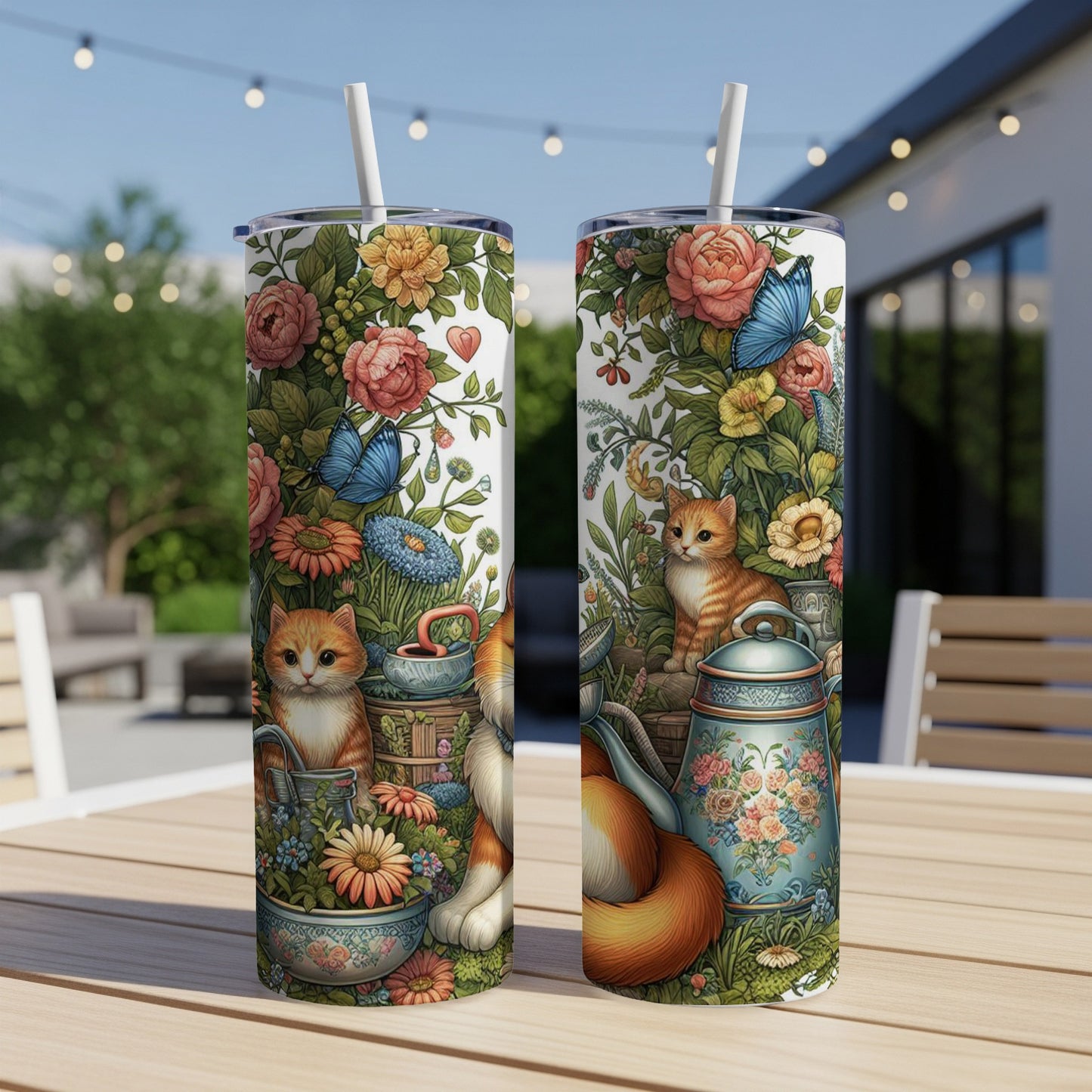 Two tumblers with a whimsical fox and cat garden scene.
