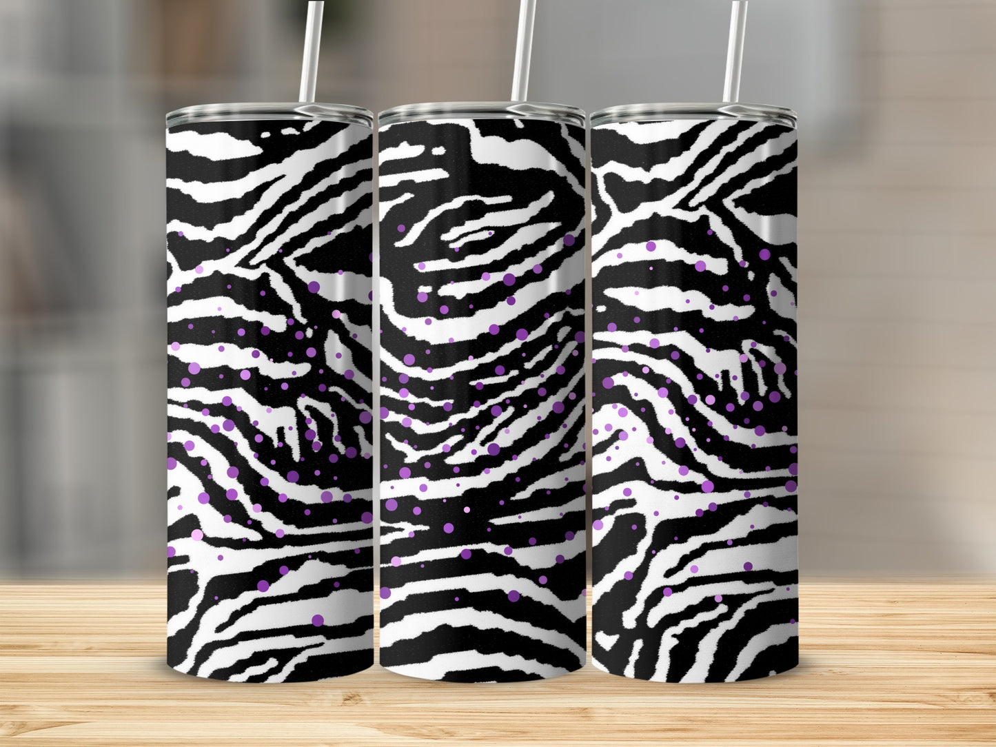 Black and White Zebra Print Tumbler with Purple Dots