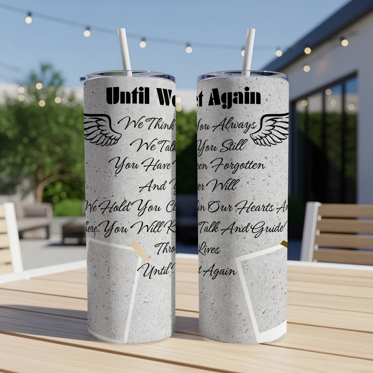 Two tumblers with "Until We Meet Again" text and angel wings design.